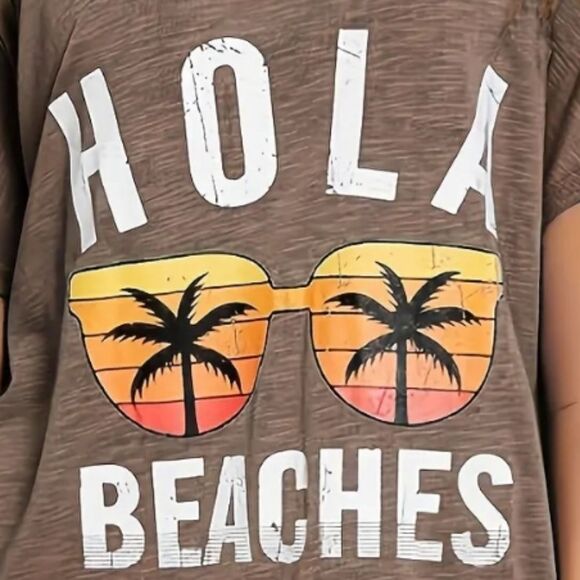 New 'Hola Beaches' T-Shirt Cover Up Dress In Cafe - Picture 2 of 10